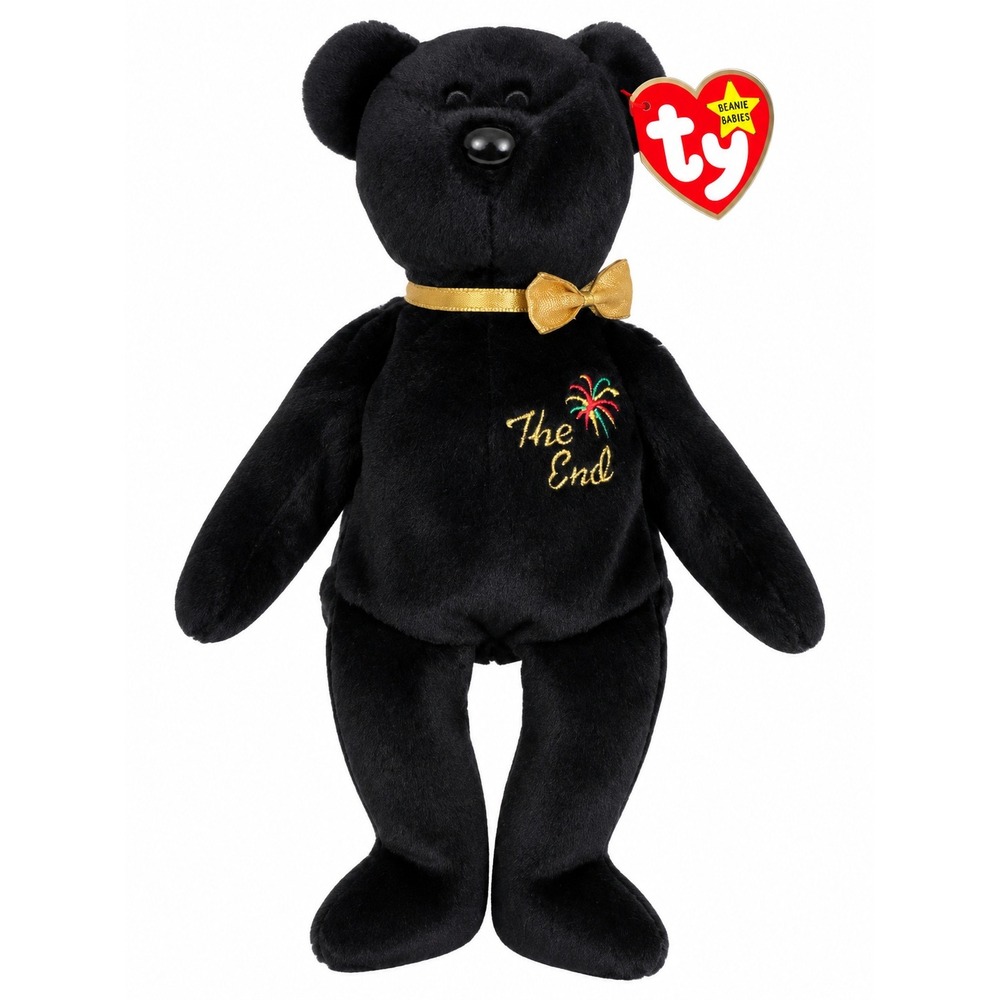 Ty Beanie Baby The End Black Bear 1999 Gold Ribbon Firework Plush Collectible